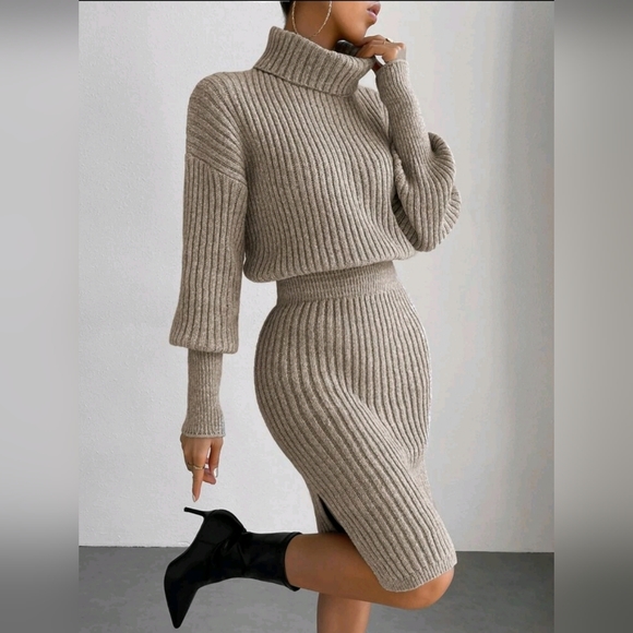 NEW Luxe Ribbed Knit Turtleneck Sweater Dress Long Sleeve Tan Beige - Picture 6 of 8